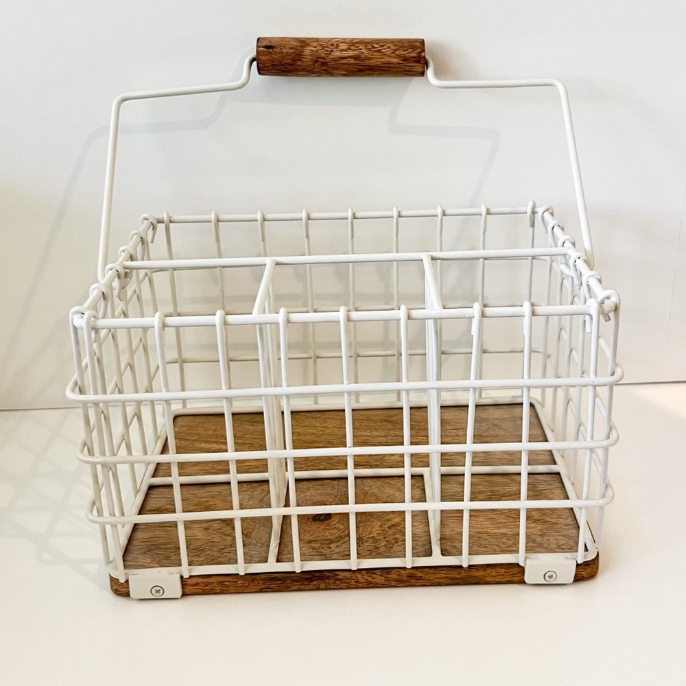 New: McGee & Co White Wire Utensil Caddy Mango Wood Base: hosting organization